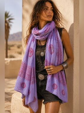 Boho Gauze Scarf Wrap 30x70 Lavender & Red Block Print Festival